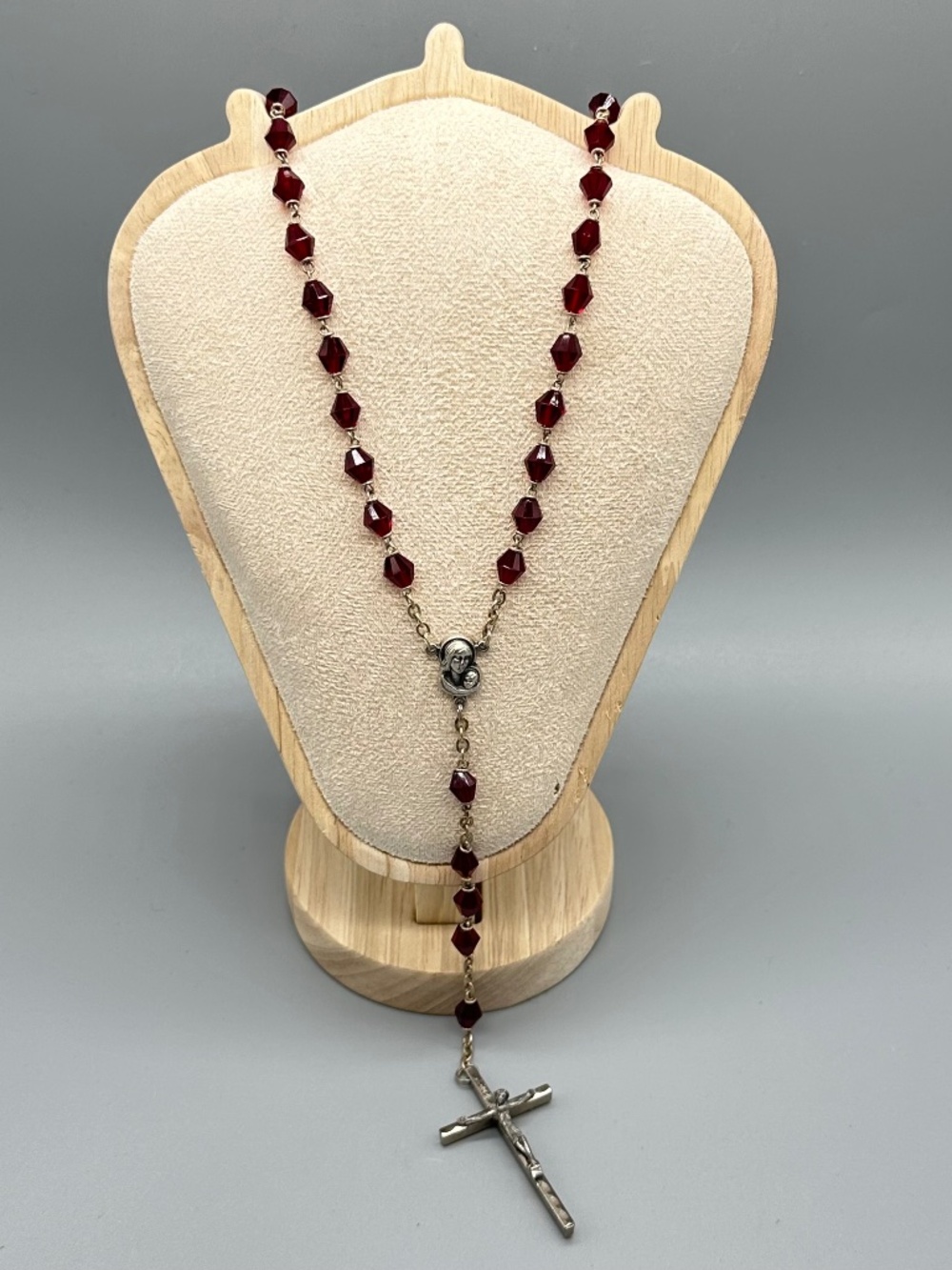 Vintage Ruby Glass Silver Tone Rosary Beads Prayer Beads Catholic Religious
